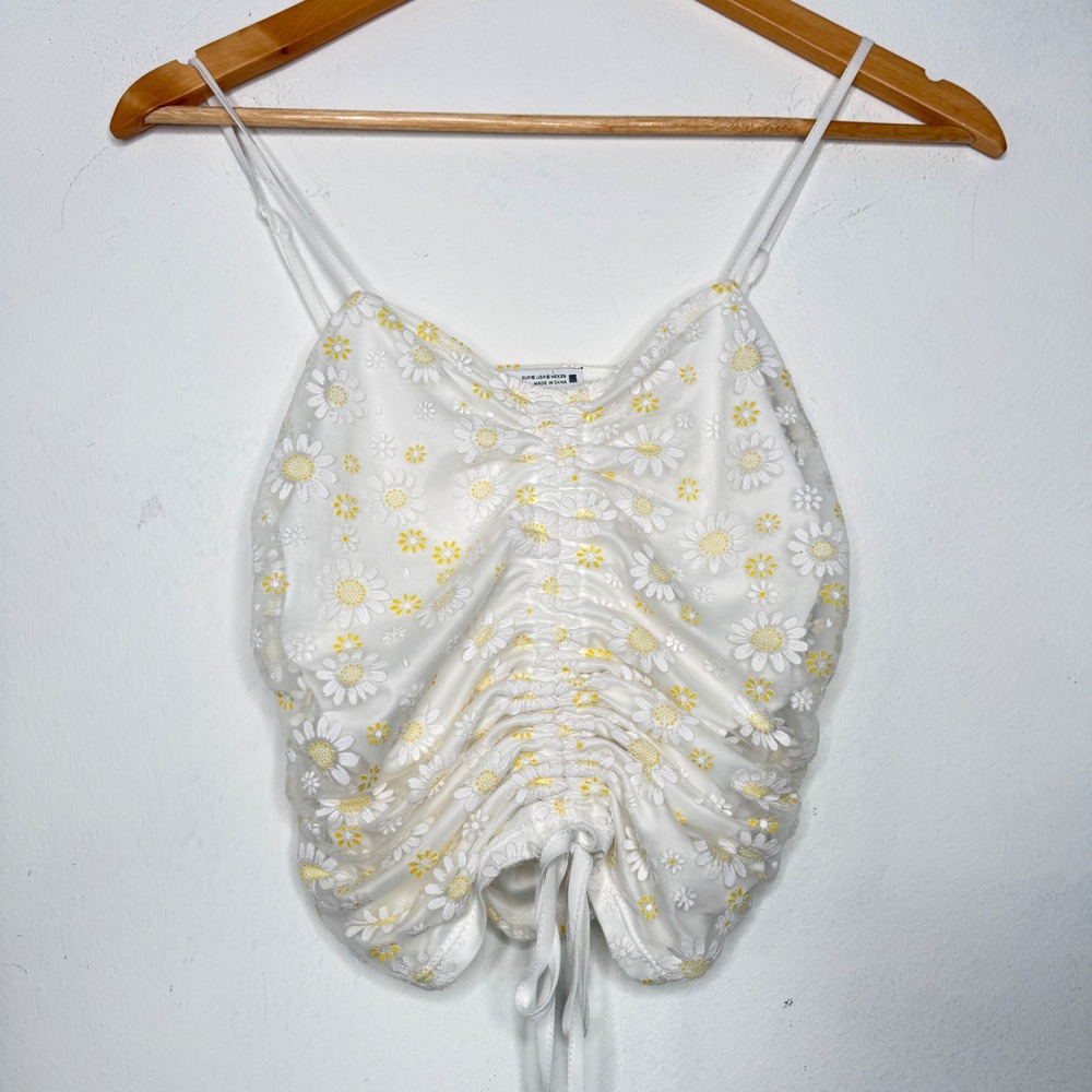 Zara White Floral Mesh Top Sheer Ruched Crop Camisole Boho Summer Womens Small